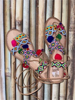 Chinese Laundry Multicolor Beaded Pom Pom Lace-Up Sandals